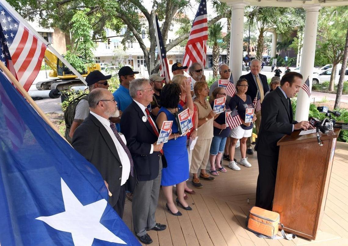 A coalition representing groups including America First - Team Manatee, The Paul Revere Society, The Sons of the American Revolution, Save Southern Heritage - Florida, the Sons of Confederate Veterans gathered and held a press conference Tuesday regarding their wish to have the Confederate monument restored to it's place at the historic courthouse.