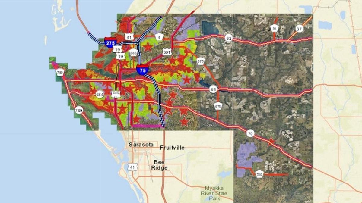 A screenshot of Manatee County’s hurricane evacuation map shows evacuation levels, routes and shelters.