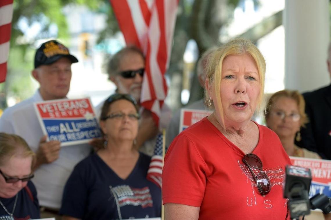 Barbara Hemingway speaks as part of a coalition representing groups including America First-Team Manatee, The Paul Revere Society, The Sons of the American Revolution, Save Southern Heritage - Florida, the Sons of Confederate Veterans gathered and held a press conference Tuesday regarding their wish to have the Confederate monument restored to it's place at the historic courthouse.