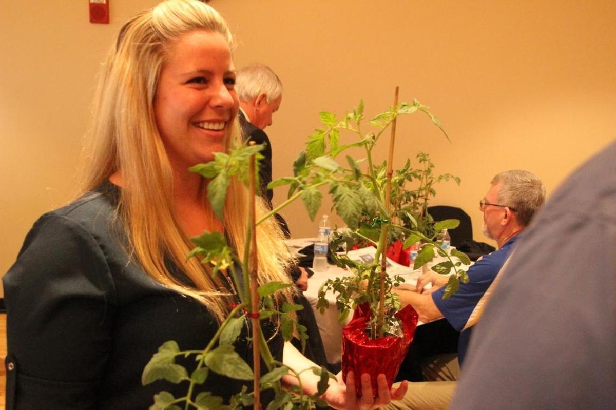 Centerpieces at the the Outstanding Agriculturist of the Year program were tomato plants. Maria Mathews took one home with her on Tuesday.
