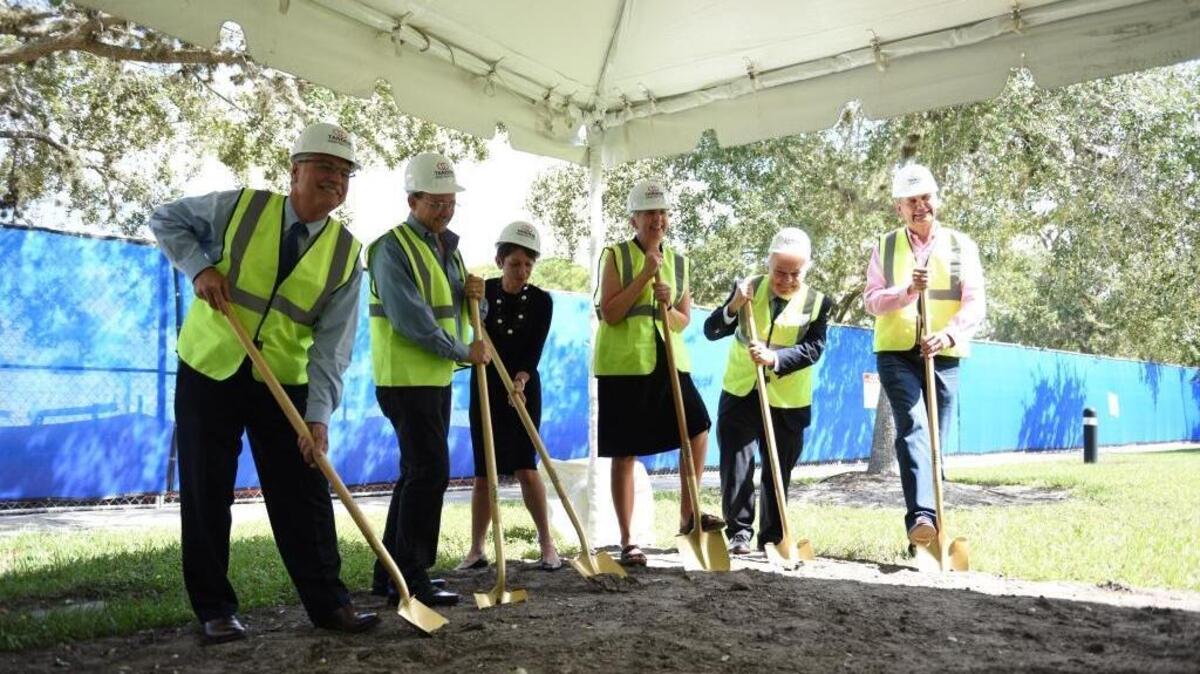The groundbreaking ceremony at New College of Florida Tuesday ended in, well, groundbreaking. From left to right: Peter Hayes, Pat McDonald, Felice Schulaner, Katherine Walstrom, Don O’Shea and John Milton.