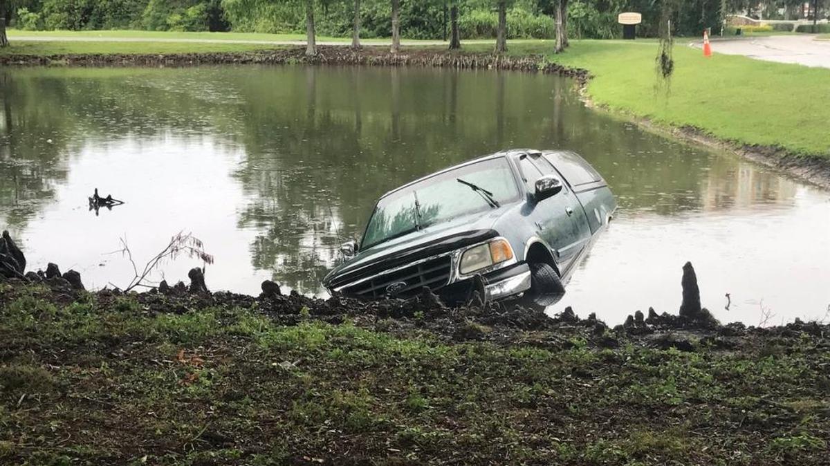 Police said this vehicle ended up in a pond along Haben Boulevard in Palmetto after the 19-year-old driver lost control Monday evening.
