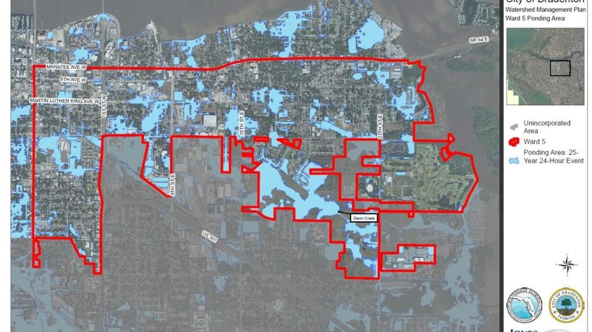 Areas in blue show potential flooding areas during a 25-year flood event, or 8 inches or more of rain in a 24-hour period in Ward 5.