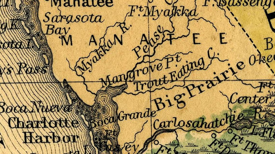 1860 map of Manatee County depicting the location of Fort Hamer.