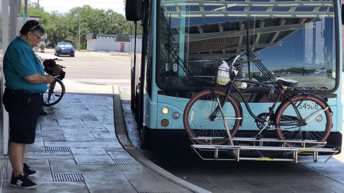 The No. 9 bus stops at the Downtown Station on Monday. Manatee County Area Transit launched a new way for passengers to purchase bus passes on their smartphones.