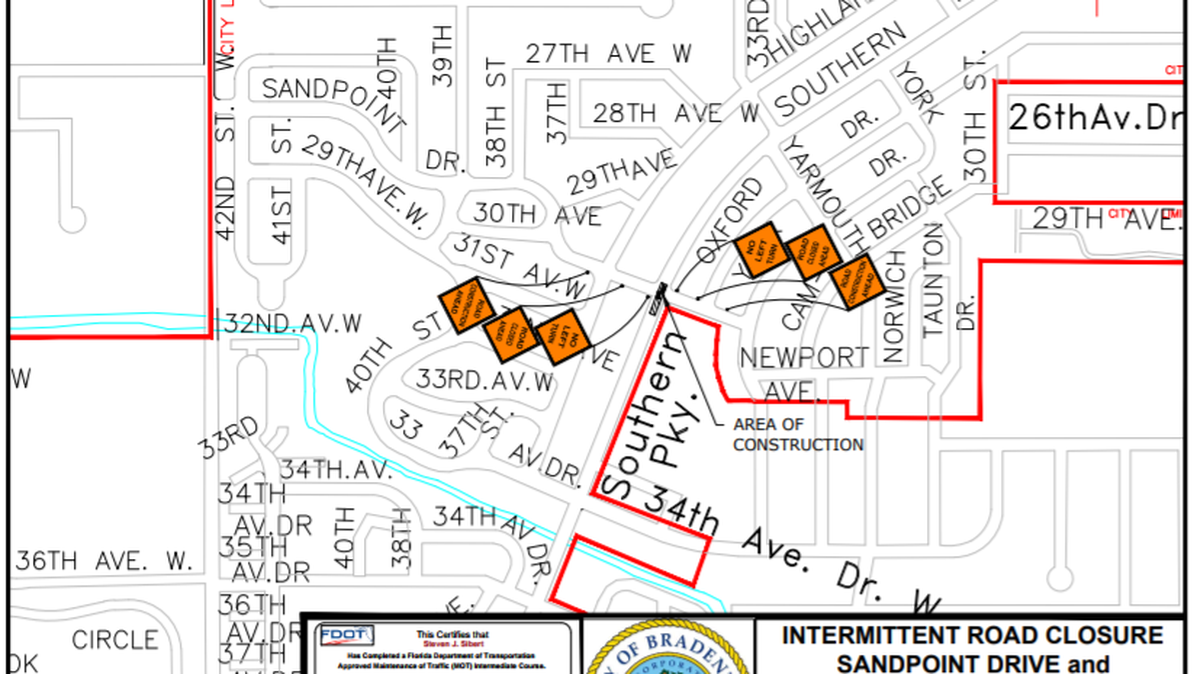 A map of the area where crews will be installing a manhole and repairing pipes at the intersection of Southern Parkway and Sandpoint Drive beginning Monday.