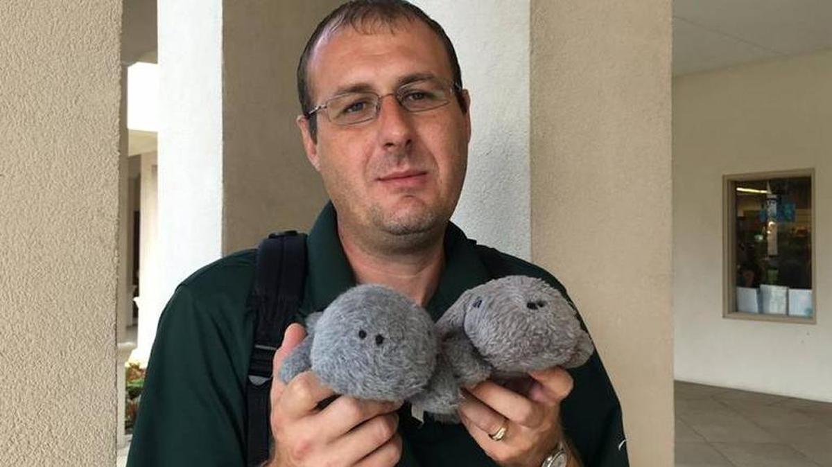 Peter Procyk brought two stuffed manatees from his childhood to the Snooty memorial at the South Florida Museum on Sunday. Procyk has passed down the stuffed toys to his daughter.