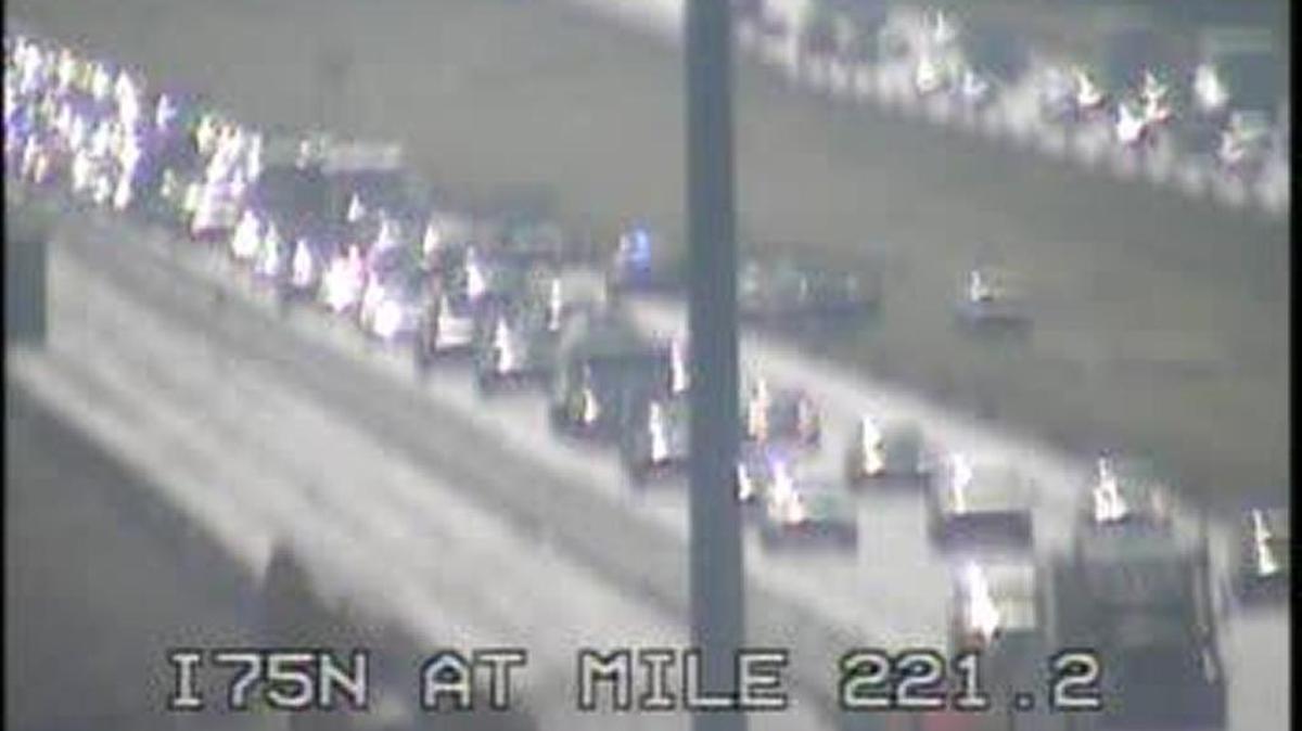 Crash on Interstate 75 near mile marker 220 is blocking the left lane and causing traffic to be backed up for miles.