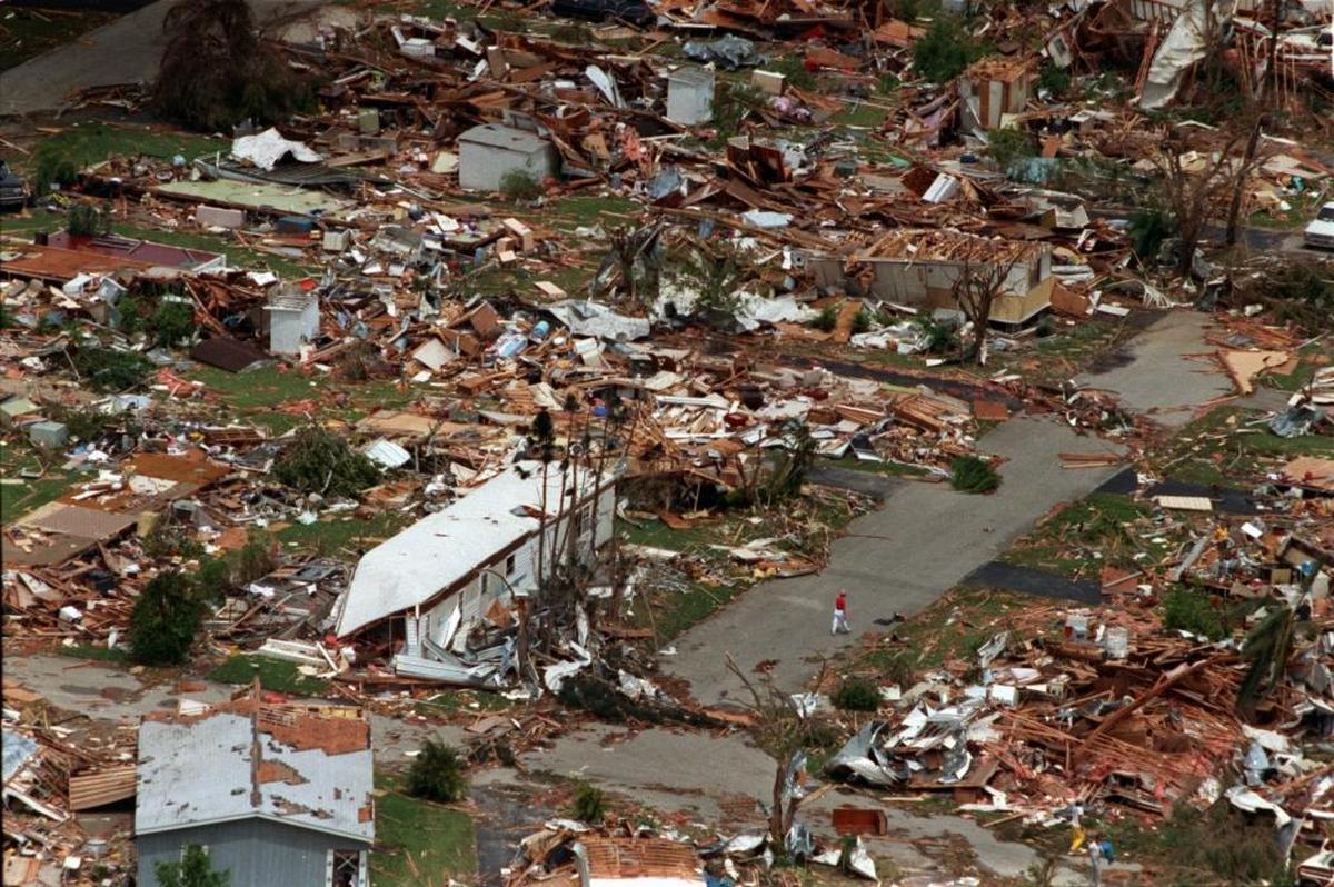 Hurricane Andrew first made landfall at Elliott Key, then charged across the mainland at Homestead, carving a path of destruction that damaged about 100,000 houses.