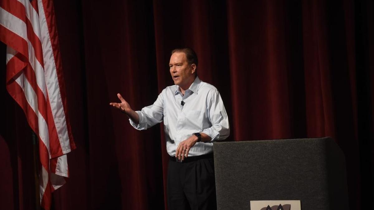 Vern Buchanan speaks at a town hall Saturday at Van Wezel in Sarasota.