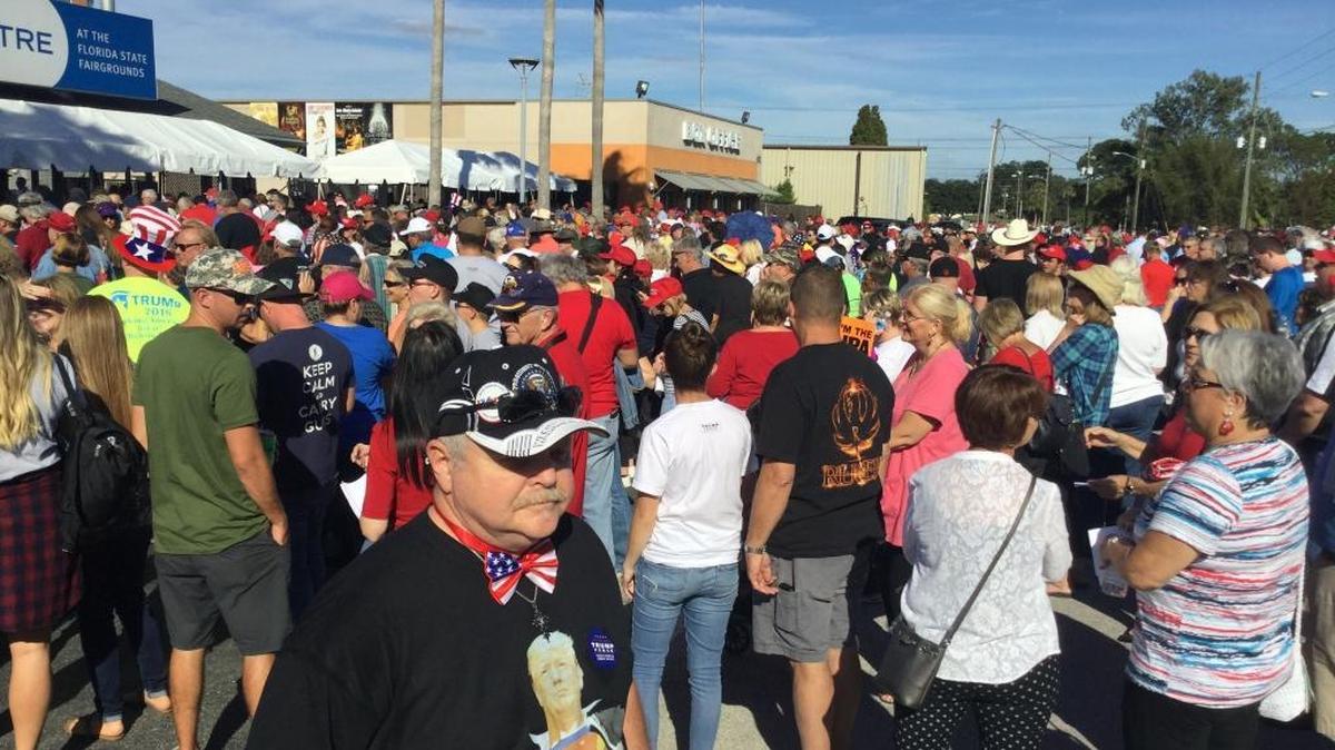 Thousands of people showed up to the MidFlorida Credit Union Amphitheatre in Tampa on Monday as Republican presidential nominee Donald Trump made a furious round of campaign stops on the first day of early voting.