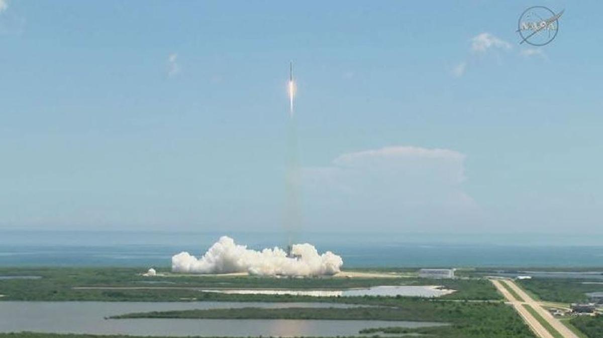 A SpaceX Falcon 9 rocket blasts off from Launch Complex 39A at Kennedy Space Center on Monday afternoon.