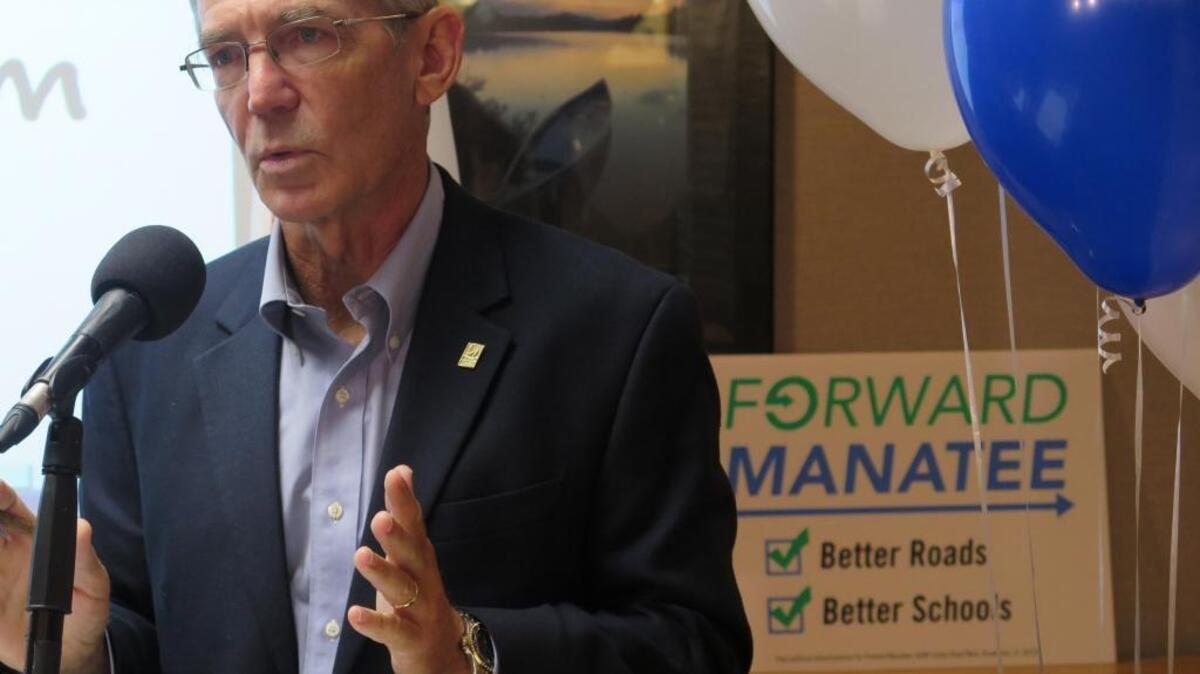 Mac Carraway, spokesman for Forward Manatee and the Chair of the Manatee County citizens financial structure advisory board, speaks Thursday at the kick-off event for the new organization in support of local initiatives #6 and #7.