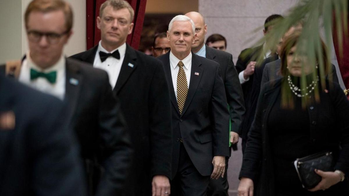 FILE - In this Wednesday, March 15, 2017 file photo, Vice President Mike Pence arrives for a Republican conference at the Capitol in Washington. On Saturday, March 18, 2107, Pence addressed an audience in Florida, saying President Donald Trump is “100 percent” supporting the Republican bill to replace the Affordable Care Act and calls it a “step in the right direction.”