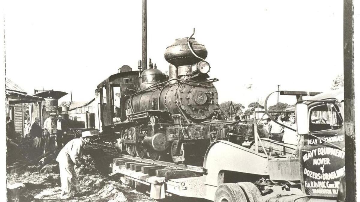 Locomotive 2, nicknamed Old Cabbage Head due to its bulbous shaped smoke stack, being moved.