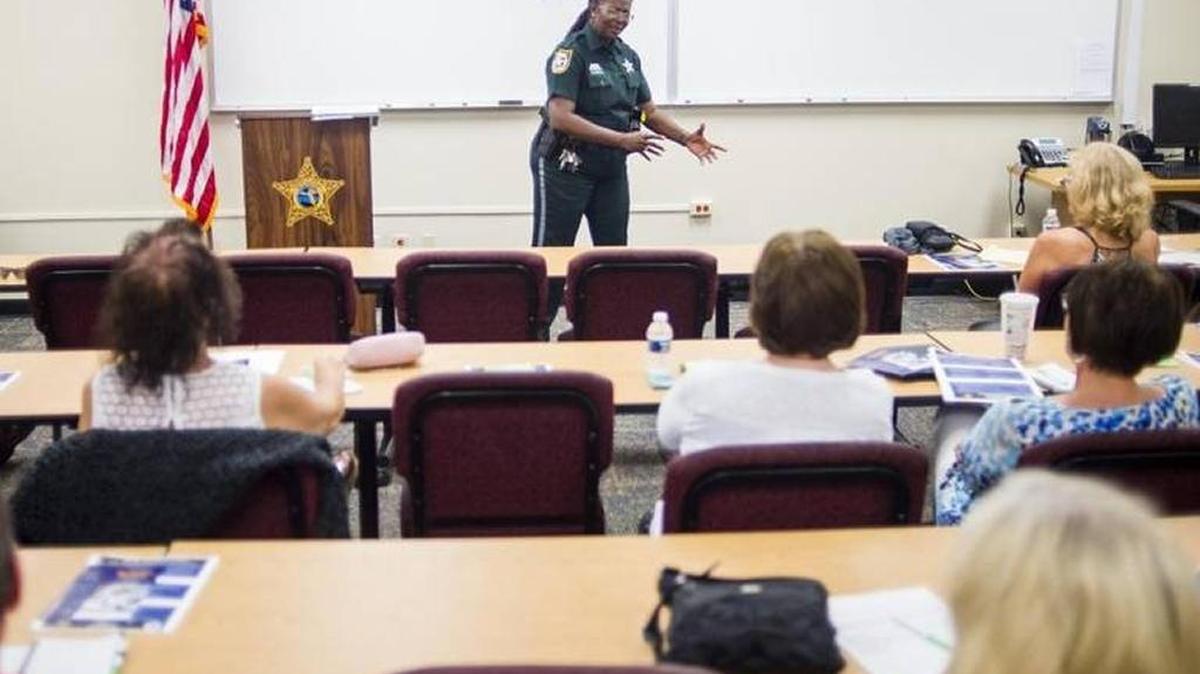 File: Manatee County Sheriff’s Office Deputy Yvonne Daniels gives a free class on workplace violence and active shooter safety for small businesses on April 26 at the Crime Prevention office at the Manatee County Sheriff’s Office in Bradenton.