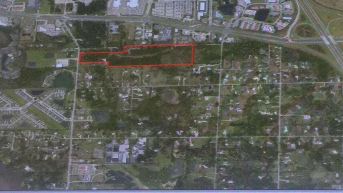 This aerial map shows the location of a proposed 130-unit, single-family housing development in East Bradenton. Just above the western most edge is the location of the newly built Home Depot on the corner of SR 64 and Morgan Johnson Road.