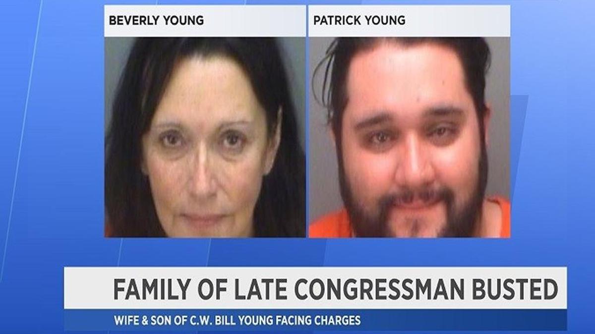 Pinellas County jail images show the wife and son of the late Tampa Bay area congressman C.W. Bill Young were arrested early Saturday in separate incidents.