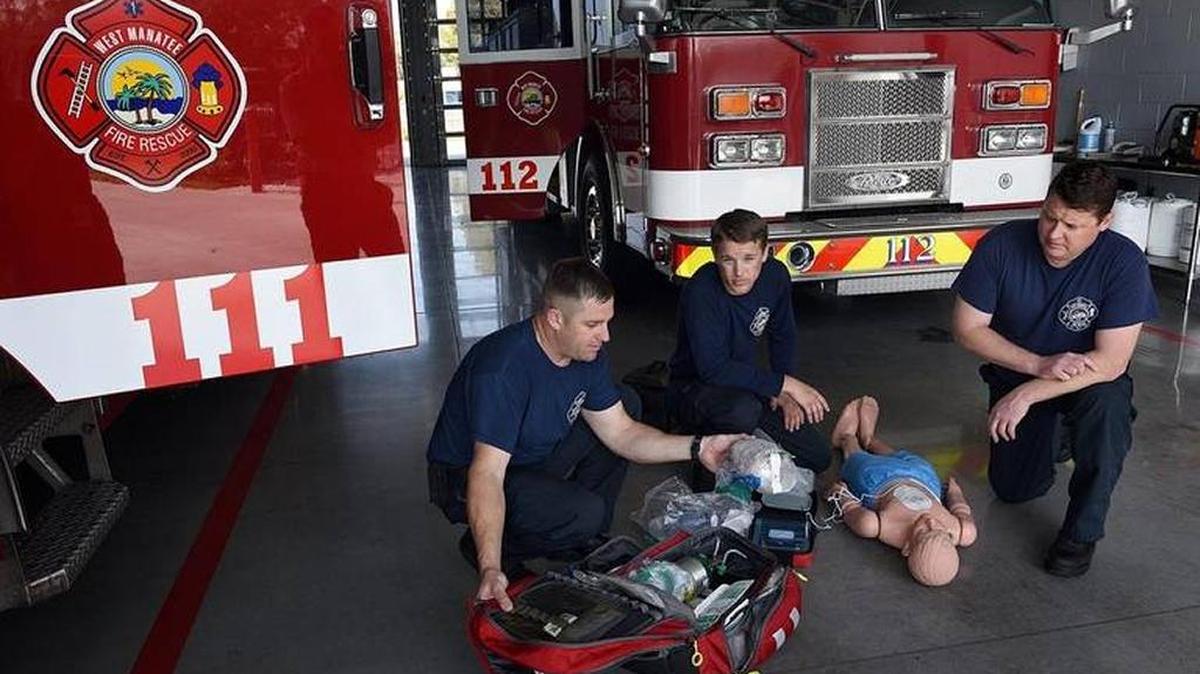 Firefighter/EMTs Rob Haygood, Dakota Weixelbaum and Chris O’Kelly display some of the medical equipment used on calls. Fire districts in Manatee County are hoping to provide Advanced Life Support services to enhance service.