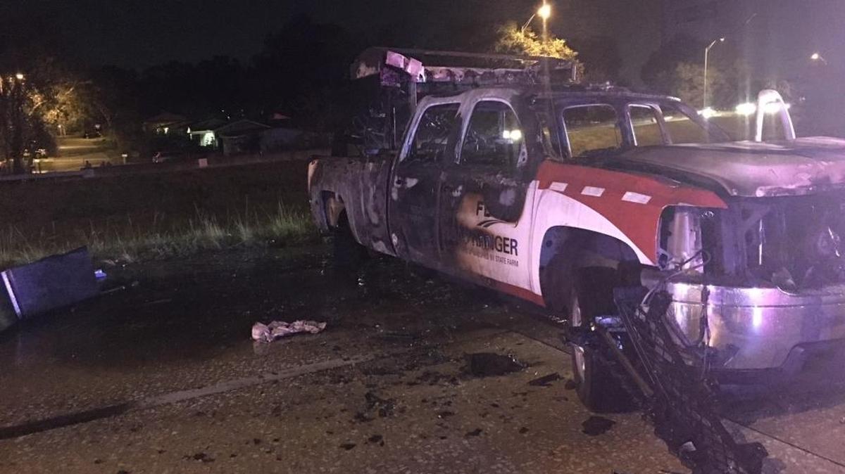 The driver of the Road Ranger truck was taken to Tampa General Hospital with serious injuries after his truck was struck by another vehicle and burst into flames on Interstate 275 Saturday morning.