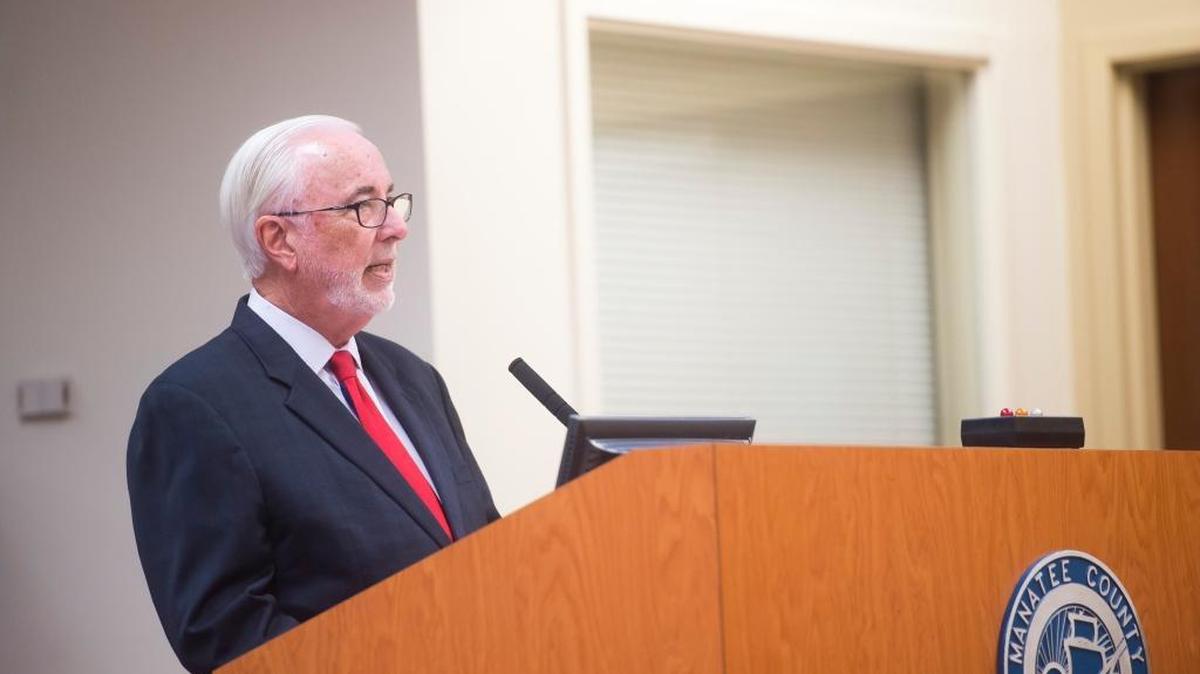 Manatee County Administrator Ed Hunzeker delivers his final budget recommendation to the Manatee County Board of Commissioners in this 2017 file photo. Commissioners slashed his administrative purchasing power in half at Tuesday’s meeting.