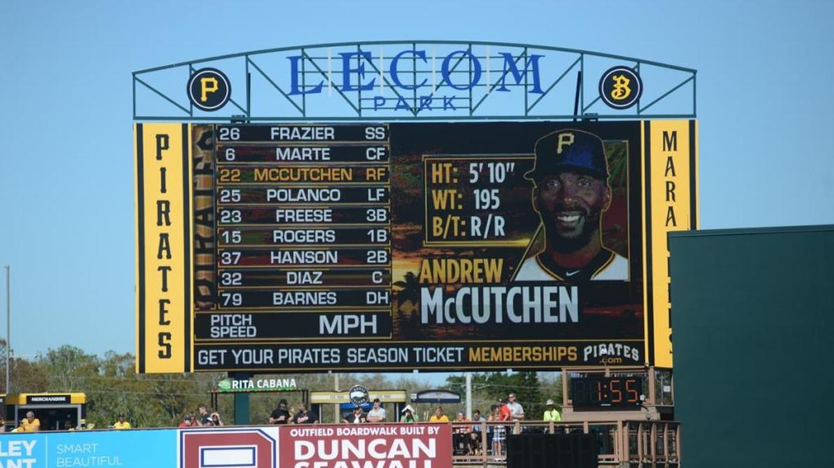 Among this year’s upgrades at LECOM Park in Bradenton is a new scoreboard.