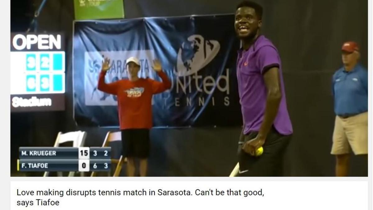 A screenshot of a video showing tennis player Frances Tiafoe’s reaction to a couple having sex near the Sarasota Open.