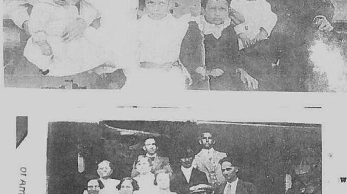 Photos from “Stephens Family Ancestors and Pioneer Relatives” shows (top) the family of George Wilson Stephens, 34, and Roxie Hartford Stewart Stephens, 28, at their log home in Castalia in 1905. From left is Roxie holding Hicklen, Mattie, Delia, Leon, Carl and Will. The house was built in 1894. At bottom, Will and Roxie’s family are shown in 1922. From left in front are Florence, Flossie, Myrta, Hubert and Carl. Standing are Roxie, Mattie, Leon, Will, and Hicklen.