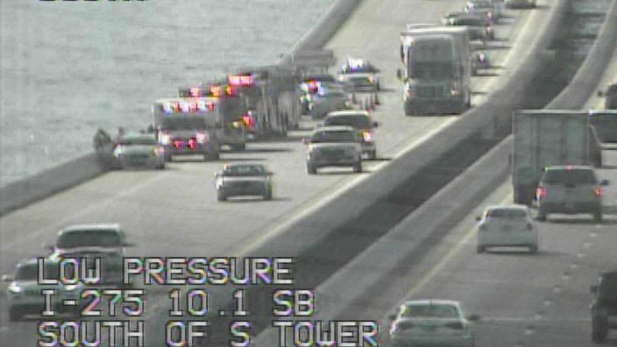 A crash Tuesday morning on the Sunshine Skyway Bridge blocked the outside right lane of traffic on the bridge.