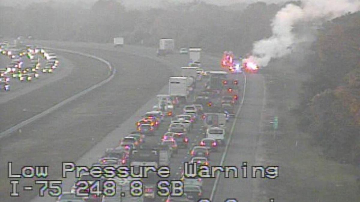 A vehicle fire in southbound lanes of Interstate 75 at mile marker 248 Gibsonton causes smoke in area and roadblock in southbound lanes.