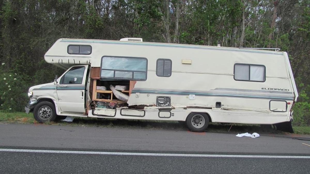 A passenger fell out of an RV after it struck a guard rail on Interstate 75 in Sumter County on Sunday morning. The passenger, a 52-year-old Bradenton man, later died at an Ocala hospital.