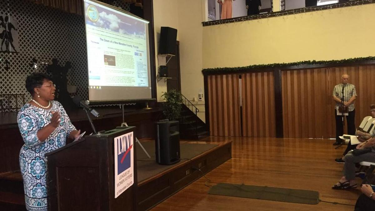 Diana Greene, Manatee County School District superintendent, speaks at a League of Women Voters event debating the pros and cons of the two half-cent sales tax initiatives on the November ballot.