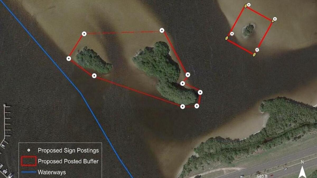 The general outline of the seasonal critical wildlife area boundary surrounding the Dot-Dash-Dit Islands in Manatee County. The Florida Fish and Wildlife Conservation Commission unanimously approved Dot-Dash-Dit and 12 other areas across the state to become critical wildlife areas.