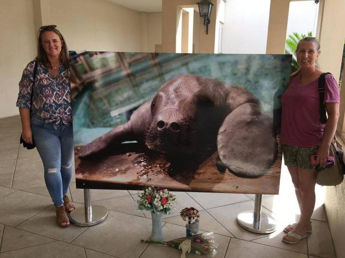 Jackie Obendorf, left, and friend Julie McNellis stand next to a portrait of Snooty the manatee. The friends attended Sunday’s memorial for Snooty, who died on July 23.