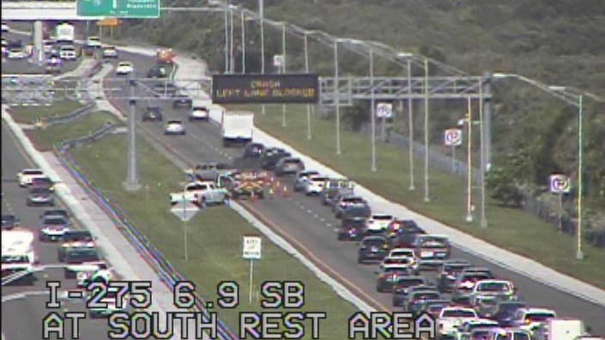 A Florida Highway Patrol traffic camera caught footage of the backup near the southbound toll of the Sunshine Skyway Friday afternoon.