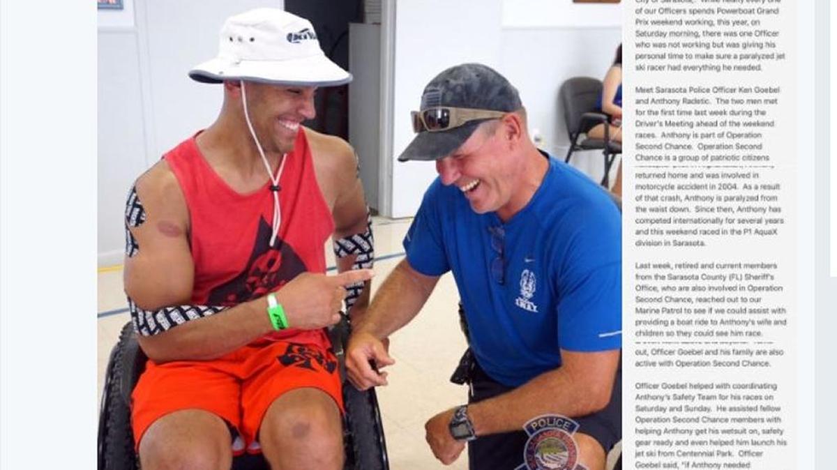 Sarasota Police tweeted the story of personal watercraft racer Anthony Radetic and officer Ken Goebel, who went “above and beyond” to help Radetic and his family during the Sarasota Powerboat Grand Prix.