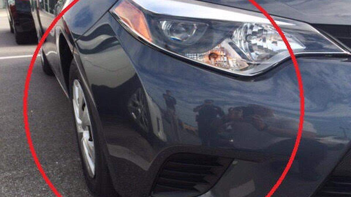 Officers are looking for a four-door 2014-2016 Toyota Corolla LE with damage to the right front fender and right headlight. The pictured vehicle would be similar to the suspect vehicle and the circled area would be where the damage occurred. Provided photo