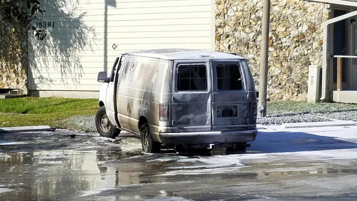 A suspected “fuel bladder” van that exploded into flames in January 2017 outside a home in West Kendall. The owner, Rogel Morejon-Soto, is awaiting trial for arson and having an illegal fuel vehicle.