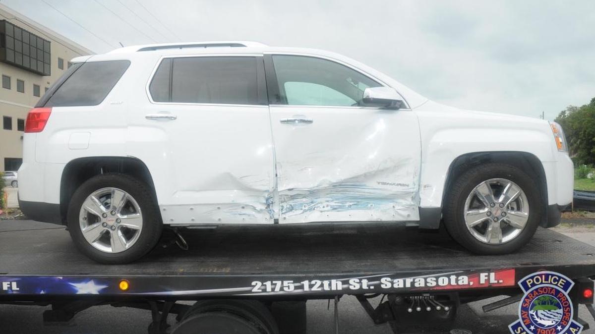 A 2015 white GMC Terrain suspected in a hit and run earlier this month was found and seized by Sarasota police.