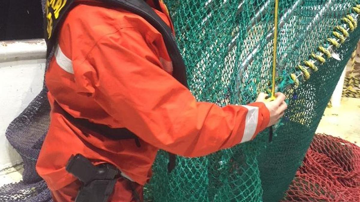 Heather Nicotri, an enforcement officer with the National Oceanic and Atmospheric Administration, measures a turtle exclusionary device for compliance aboard the 68-foot commercial fishing vessel ‘Ronald E.’ near the Dry Tortugas Shrimp Sanctuary Preservation Area Jan. 12. About 60,000 pounds of shrimp was seized.