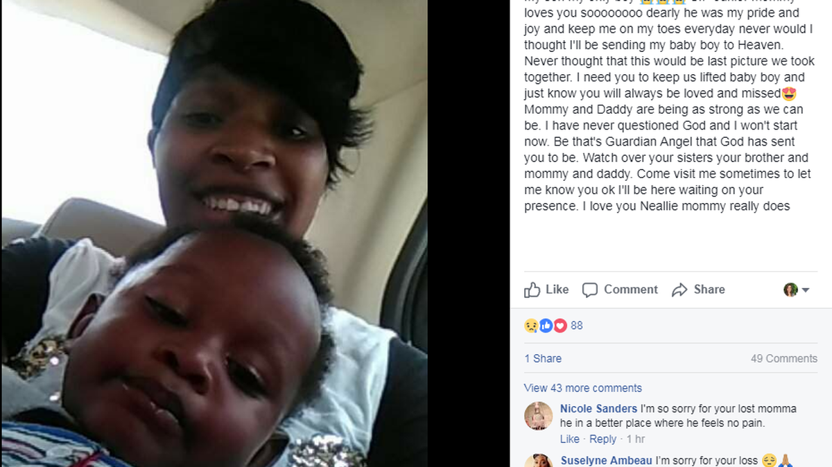 The mother of Neallie Junior Saxon III posted an emotional message on Facebook the day after her toddler was killed in a car accident.