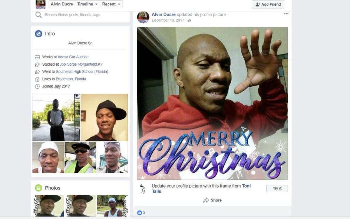 Snapshot of Alvin “Duke” Ducre’s Facebook page on Monday, the day after he was shot dead at a Super Bowl gathering in Palmetto on Sunday night.