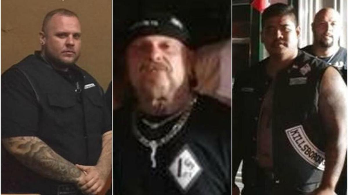 Right to left: Christopher “Durty” Brian Cosimano, 29, Michael “Pumpkin” Dominick Mencher, 51, and Allan “Big Bee” Burt Guinto have been arrested and charged with first-degree murder for allegedly working together to kill Paul Anderson, 44, the president of a rival motorcycle gang.