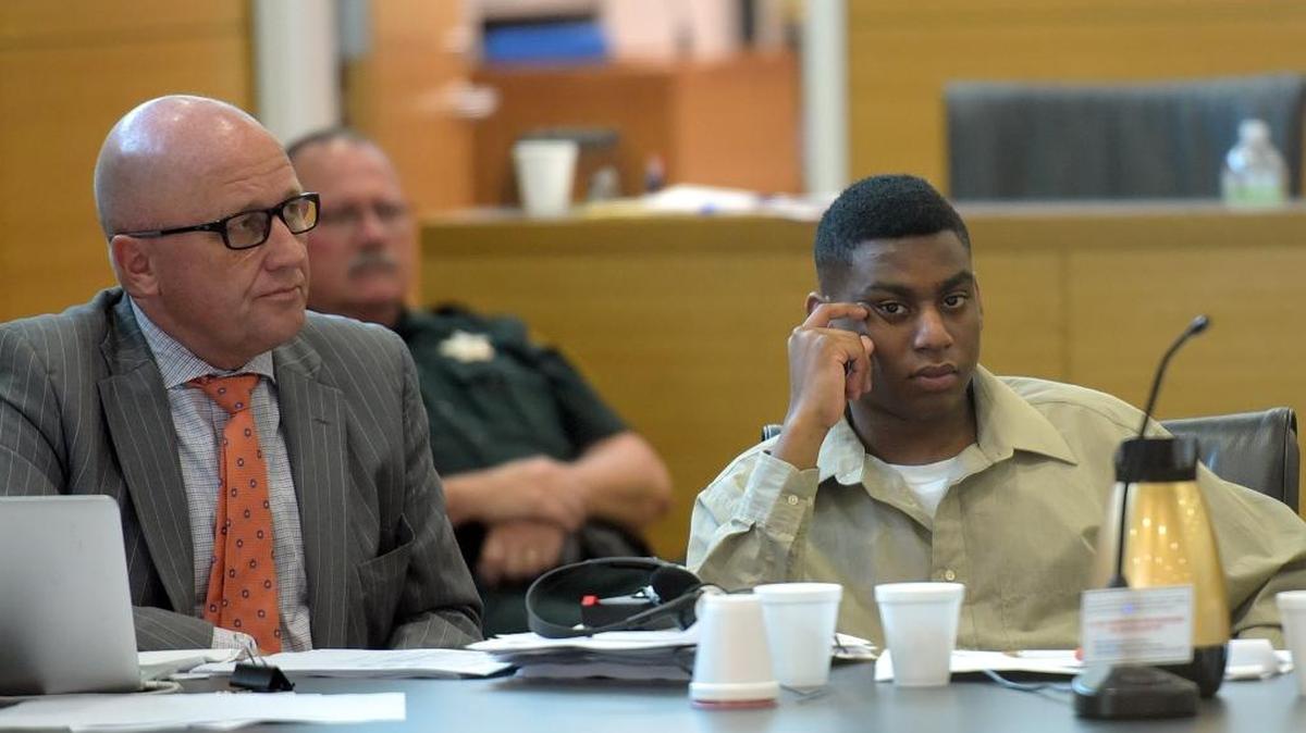 Defense attorney Bjorn Brunvand, left, sits next to Trey Nonnombre, 21, Wednesday at the Manatee County Judicial Center. Nonnombre is charged with two counts of first-degree murder and armed home invasion in the July 9, 2015, fatal shootings of Esther Deneus and her boyfriend, Kantral Markeith Brooks, both 29.