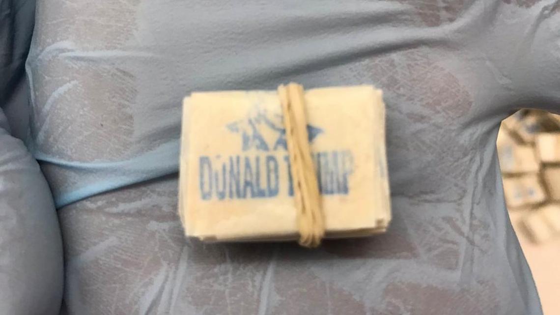 A packet of heroin doses found in a Hernando man’s car has President Donald Trump’s name and face stamped on it.