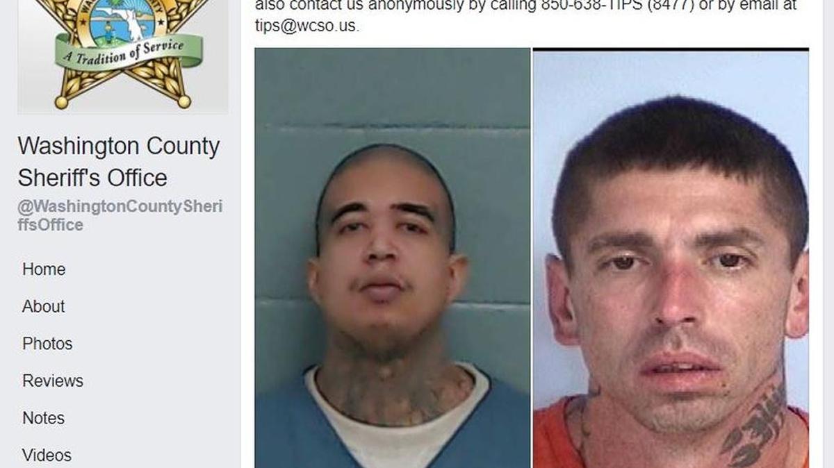 Ronly D. Pardo, 27, left, and David A. Anderson, 39, right, escaped their jail cell around 11 p.m. Sunday by chipping away at a portion of the wall under the cell’s sink until they gained access to a maintenance room, then the jail yard where they crawled under a gate, according to the Washington County Sheriff’s Office.