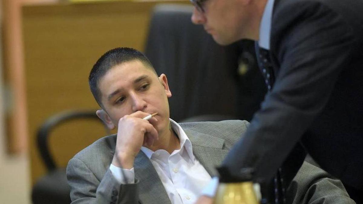 Triple-murder suspect Andres Avalos Jr. sits in court on the first day of jury selection for his trial for murder. Avalos is charged with three counts of first-degree murder in the Dec. 4 slayings of his wife, Amber Avalos; neighbor, Denise Potter, 46; and the Rev. James 'Tripp' Battle, 31.