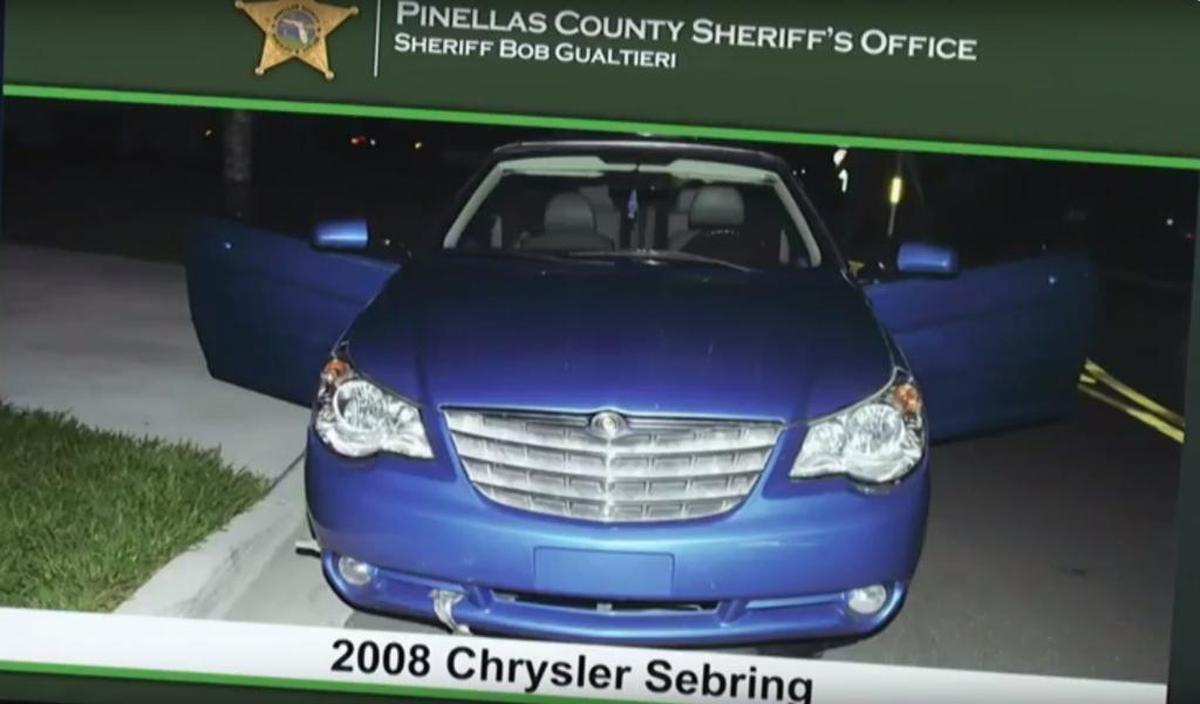 The 2008 blue Chrysler Sebring, one of the stolen cars, involved in the events leading up to a crash that killed three teenagers Sunday.