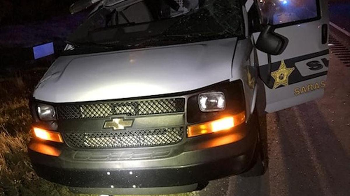A Sarasota County Sheriff’s Office animal services van overturned several times after it was struck Tuesday night on Interstate 75 in North Port by a suspected drunk driver, according to the sheriff’s office.
