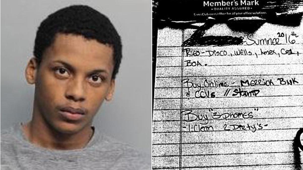 At left, Phyllistone Termine’s mugshot from a concealed weapons arrest in February. At right, Termine’s to-do list he was writing when cops showed up at his home with a search warrant.